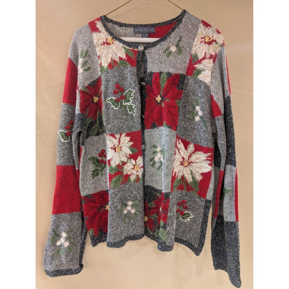 NORTHERN ISLES XL Holiday Cardigan Poinsettia Holly Knit Sweater Patchwork - Picture 1 of 6